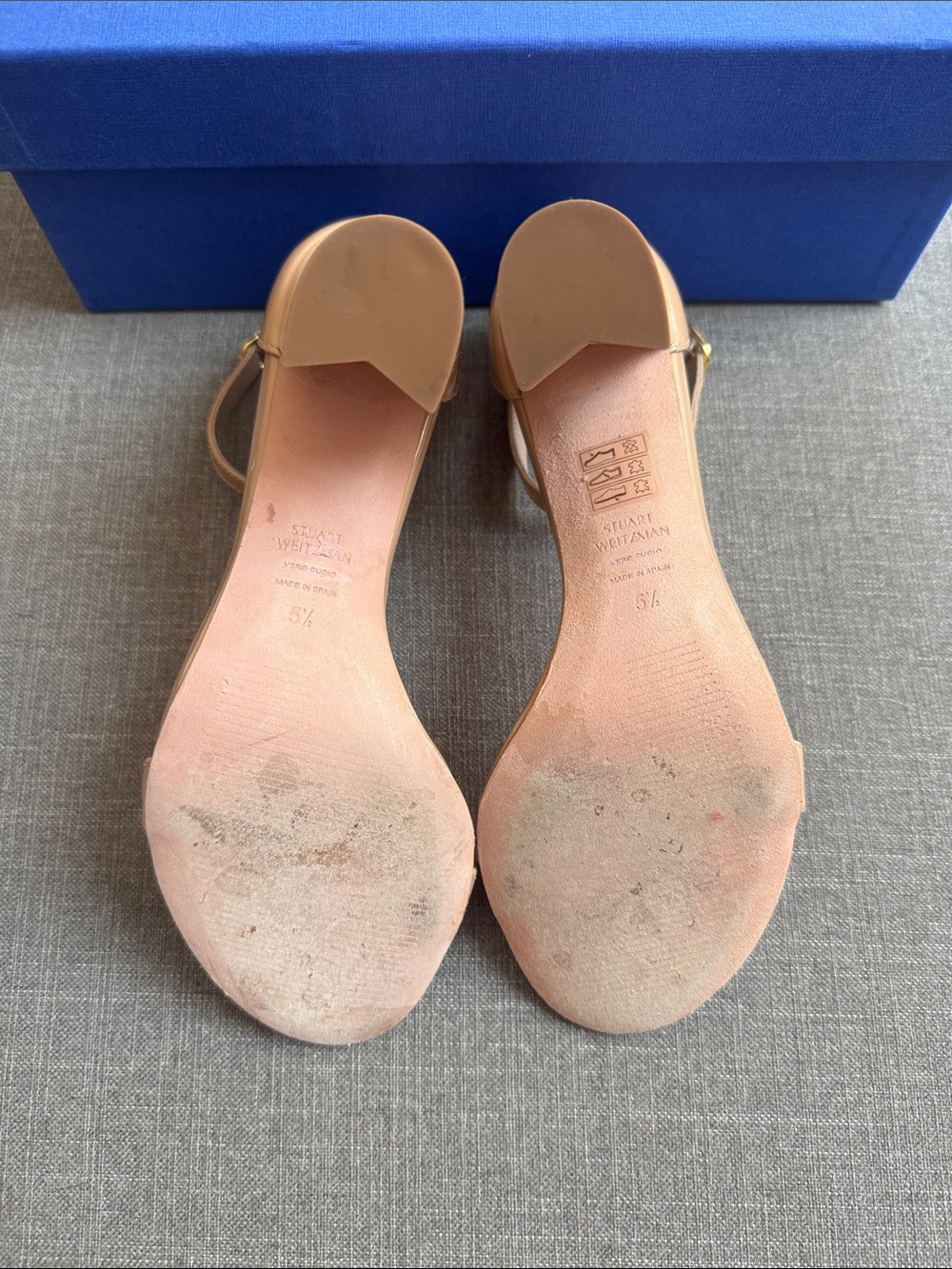 Stuart Weitzman NearlyNude Nudist Ankle Strap Sandal Block Heel 5.5 Adobe Patent - Picture 2 of 4
